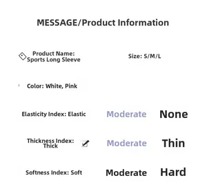 Size chart for yoga long sleeve top showing fabric stretch, thickness and soft texture