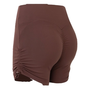 High waisted dark brown yoga shorts with side drawstrings and scrunch butt detail