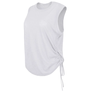Women's loose white yoga tank top with side ruched drawstring and casual crew neck