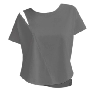 Short sleeve dark grey yoga t-shirt featuring asymmetric cutout on the shoulder