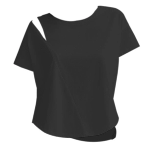 Women's black short sleeve yoga top with asymmetrical cutout shoulder and slim fit design
