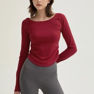 Haut de Yoga Coupe Slim pour Femme Maillot d'Entraînement à Manches Longues Froncé Haute Élasticité T-Shirt de Sport pour Gym Fitness Course Top