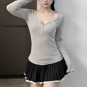 T-shirt de Fitness à Manches Longues Ajusté pour Femme Col en V Henley en Tricot Nervuré Boutons Workout Yoga Gym Top Décontracté