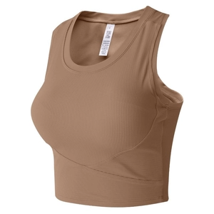Brown ribbed sports vest with mesh side panels and moisture-wicking yoga bra design