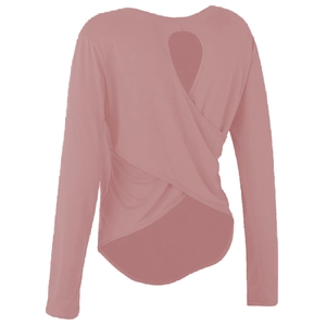 Dusty rose yoga top with back cutout and cross-wrap design in a breathable stretch fabric