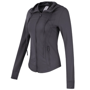 Veste de sport à capuche pour femme gris foncé avec passe-pouces et poches zippées