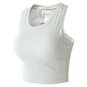 Women's light grey ribbed yoga bra with crossover hem design and round neckline
