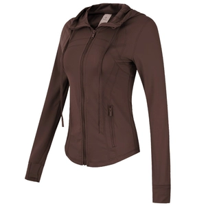 Veste de sport à capuche ajustée chocolat foncé avec zip complet et passe-pouces yoga