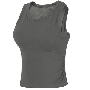 Women's charcoal grey athletic crop top with integrated cups and breathable fabric