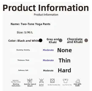 Tableau des tailles et détails du tissu pour pantalon de yoga 2-en-1 en plusieurs couleurs