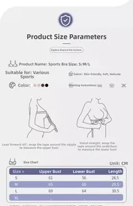 Size chart for cross back yoga bra showing S to L measurements and guide