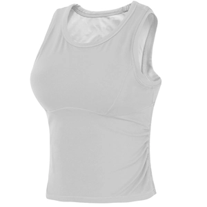 Women's light grey sports bra with supportive seams and stylish side ruched details