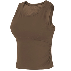 Women's dark brown sports tank top with ruching and built-in bra for fitness yoga