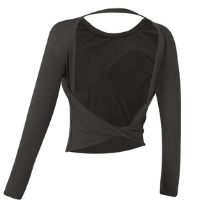 Top yoga donna nero a maniche lunghe con schiena scoperta incrociata e imbottitura