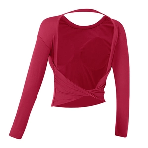 Top yoga donna a maniche lunghe rosso scuro con schiena scoperta e imbottitura