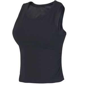 Detail view of black fitness crop top featuring ruched sides and a wide U-shaped neckline