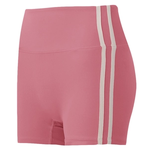 High-waisted pink yoga shorts with white side stripes for women's fitness and running
