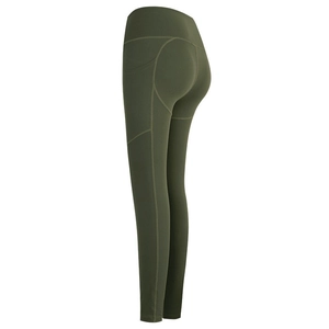 High-waisted olive green yoga pants with side pocket and butt-lifting curved seams