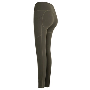 Olive green high waist yoga pants with side pockets and butt-lifting seam design
