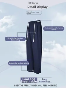 Detailansicht der dunkelblauen Jogginghose mit hoher Taille, Kordelzug und elastischem Bund