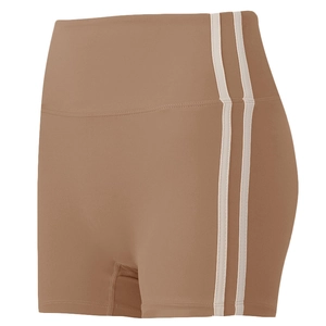 High-waist athletic shorts in coffee brown with white triple side stripes and elastic fabric