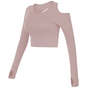 Top yoga corto rosa con spalle scoperte e asole per i pollici per lo sport