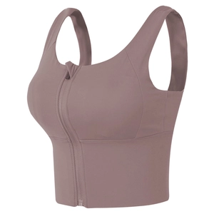 Soutien-gorge de sport zippé à l'avant rose poudré avec larges bretelles pour yoga