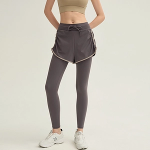 Legging de sport 2-en-1 taille haute pour femme avec short gris à séchage rapide