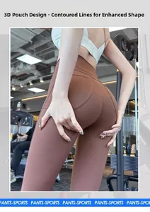 Detail van hoge taille yogabroek met 3D-zakontwerp en naden voor een perzik lift effect