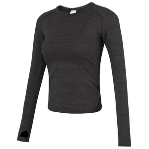 Slim fit long sleeve yoga top with thumbholes and breathable fabric in charcoal grey
