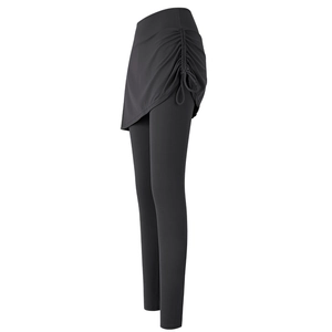 Schwarze 2-in-1 Yoga-Leggings mit Rock und seitlichem Kordelzug für Fitness