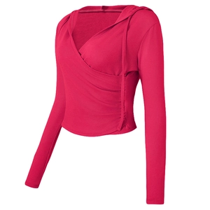Women Slim Fit Hooded Yoga Top V Neck Long Sleeve Cross Wrap Workout Shirt For Running Pilates Fitness Sportswear