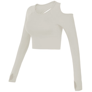 Top corto da yoga a maniche lunghe bianco crema con spalla scoperta e fori per pollici