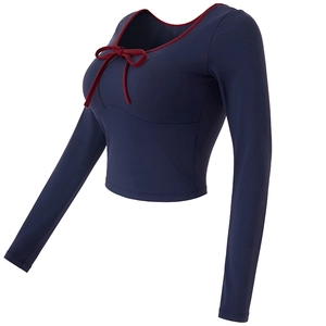 Top da Yoga a Collo Quadrato Donna Maniche Lunghe Crop T-Shirt Pilates Slim Fit Traspirante Decorazione Fiocco Sport