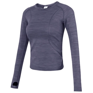 Slim fit long sleeve purple yoga top with thumbholes and crew neck for workout