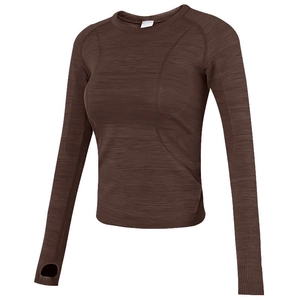 Slim fit long sleeve dark brown yoga top with thumbholes and breathable texture