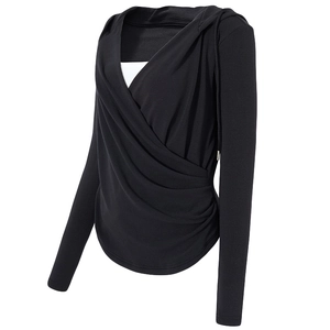 Haut de Yoga à Capuche Col en V pour Femmes Viscose Polyester Faux Deux Pièces Coupe Slim Maillot de Sport Manches Longues