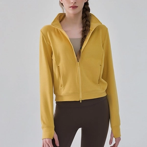Veste de Sport pour Femmes Col Montant Fermeture Éclair Course Fitness Yoga Manteau Avec Passes-pouces Couleur Unie Randonnée Top