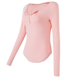 Damen Slim Fit Langarm Henley T-Shirt Mit Knöpfen Einfarbig Rippen Yoga Fitness Gym Laufen Top Pullover