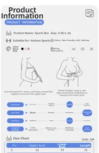 Size chart showing measurement guide and high-impact support details for sports bras