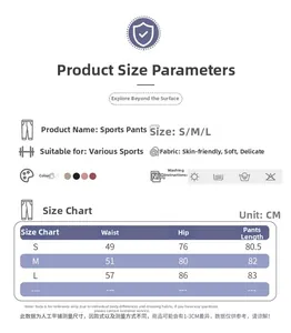 Guide des tailles pour pantalon de yoga taille haute avec mesures et détails du tissu