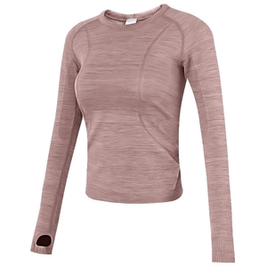 Detailed knit texture of slim-fit yoga long sleeve top with functional thumb holes