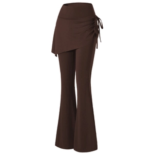 Dark brown high-waisted flared yoga pants with stylish faux two-piece skirt and side tie