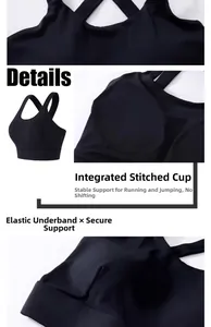 Detail of integrated sewn cups and elastic underband on black sports bra for stability