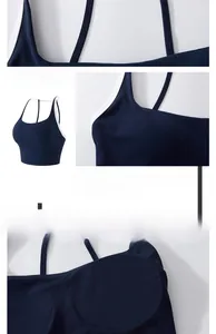Detail of high side wings and fixed integrated cups on navy blue sports bra
