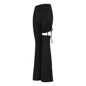 Pantalon de yoga évasé noir taille haute pour femme avec découpe latérale et cordon