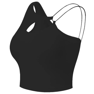 Reggiseno sportivo nero da donna con scollo asimmetrico e spalline sottili incrociate