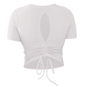 Women Backless Yoga Top With Chest Pad Ruched Drawstring Sports T-Shirt Gym Running Fitness Nylon Activewear Short Sleeve Top