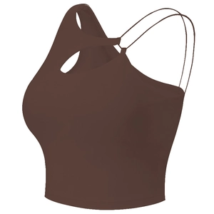 Reggiseno sportivo marrone scuro con scollo all'americana e spalline asimmetriche