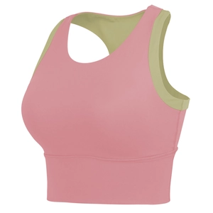 Pink and olive green high impact sports bra with wide straps and racerback design